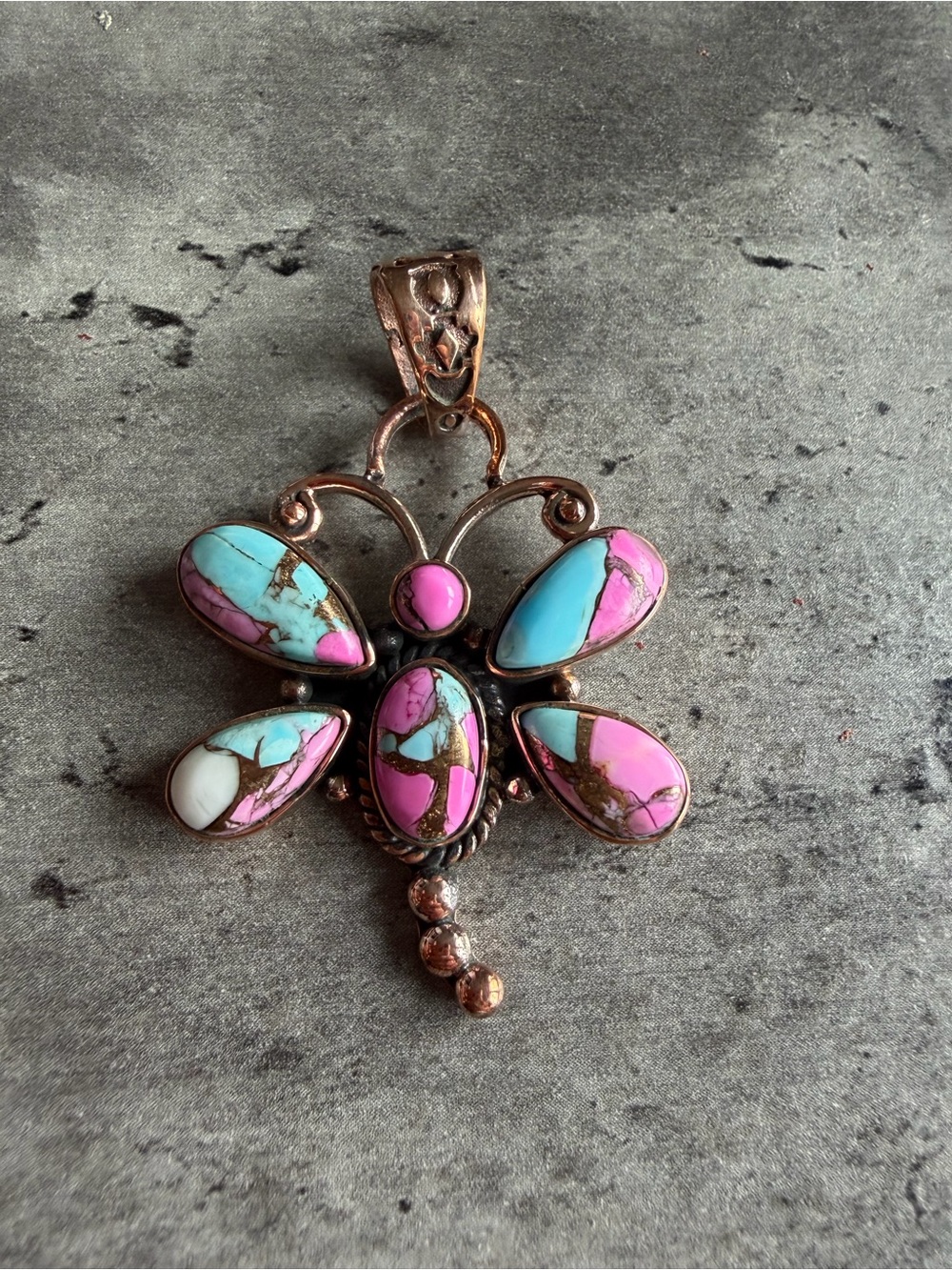 Cotton Candy Turquoise Dragonfly Inlay Copper Pendant